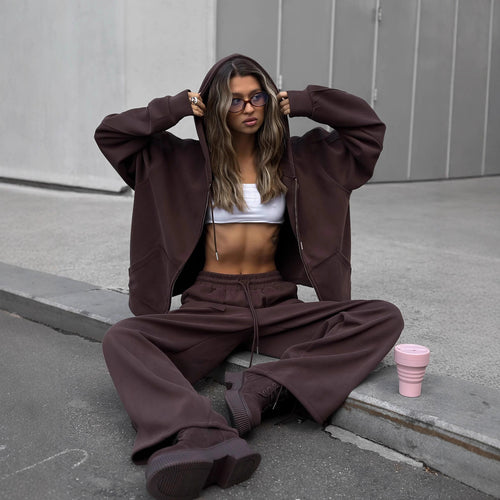 Damen bequeme und lässige Kapuzenjacke mit weitem Schnitt und passenden Jogginghosen Drune