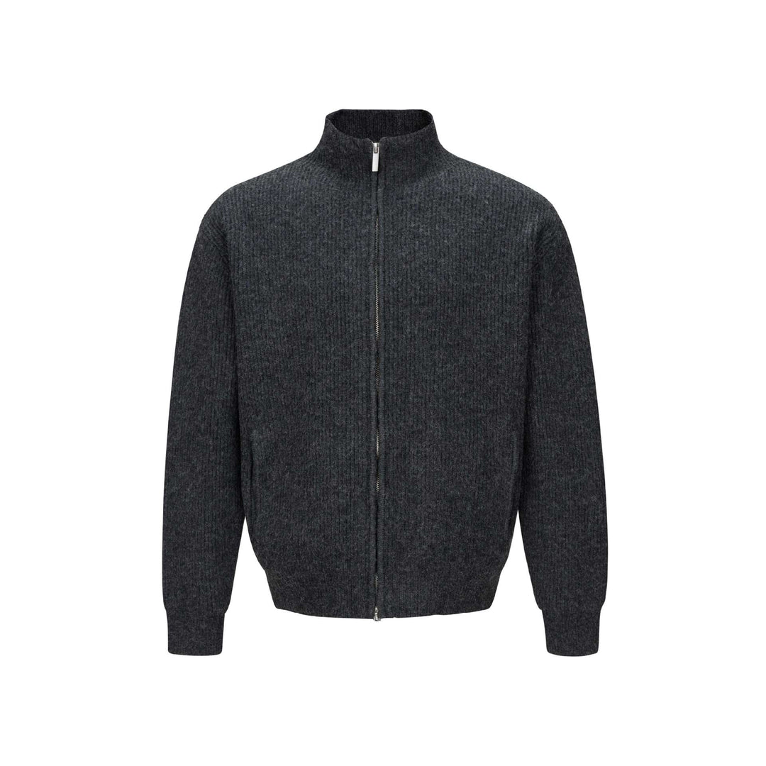 Unisex Kurzer gerippter Strickzipper mit hohem Stehkragen und schlankem Bund Drune