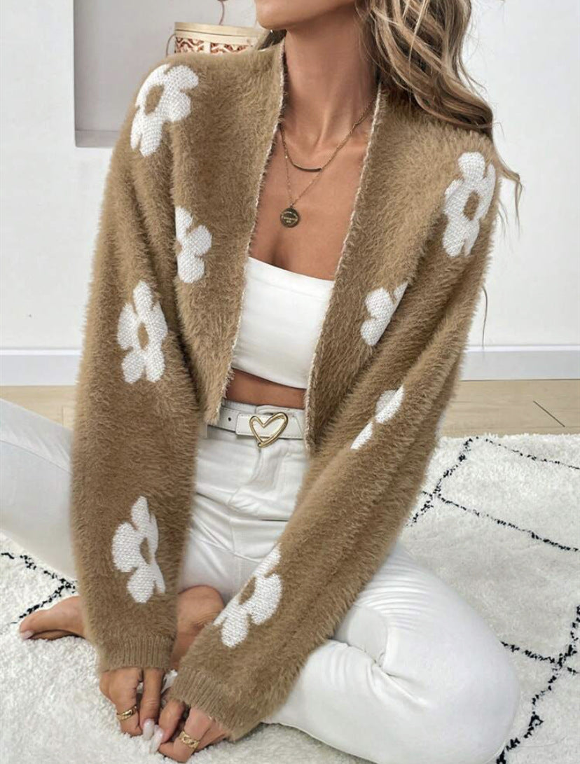 Damen Flauschiger Cardigan mit Blumenmuster Drune