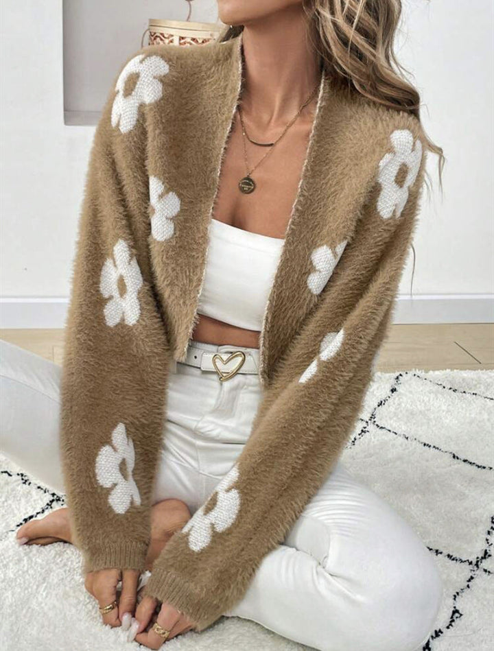 Damen Flauschiger Cardigan mit Blumenmuster Drune