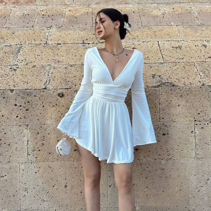 Damen elegantes Kleid mit tiefem V-Ausschnitt und langen Ärmeln Drune