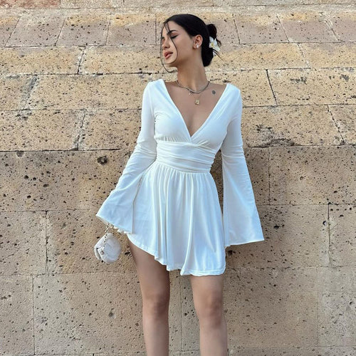 Damen elegantes Kleid mit tiefem V-Ausschnitt und langen Ärmeln Drune