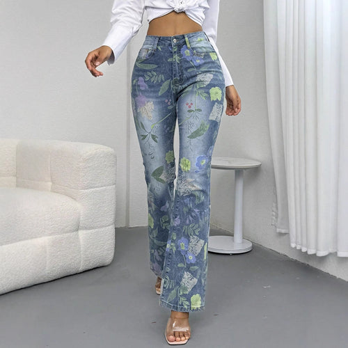 Damen Hochtaillierte Floral-Print Denim-Jeans im leichten Flared‑Straight Schnitt Drune