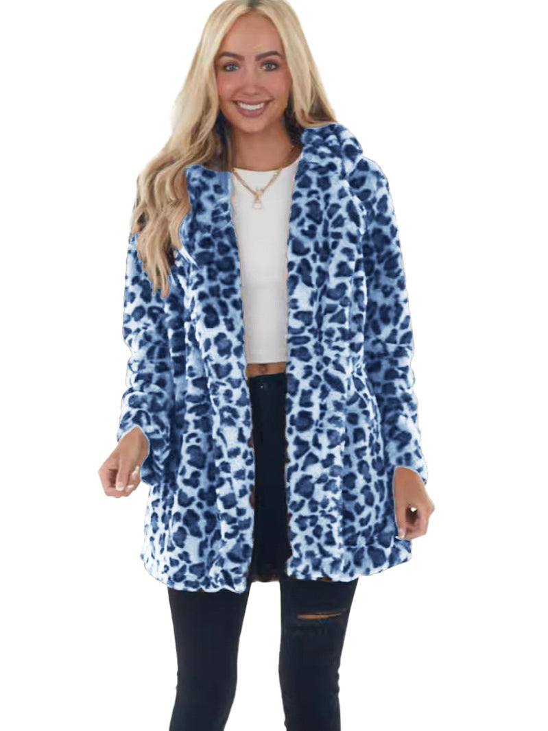 Damen Kunstfell Leopardenmuster Kapuzen Plüsch Mid-Length Mantel Drune