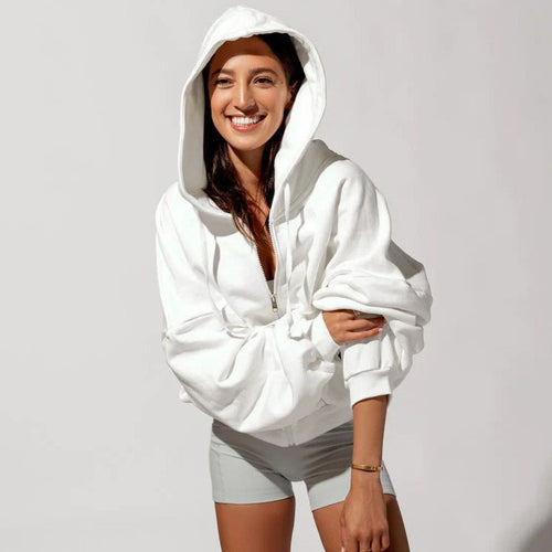 Damen Oversized Kapuzenjacke mit Reißverschluss und Puffärmeln Drune
