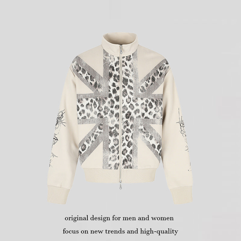 Damen Zip-Sweatjacke mit Stehkragen und Leoparden‑Union‑Jack‑Print Drune