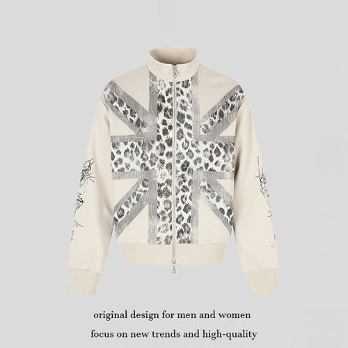 Damen Zip-Sweatjacke mit Stehkragen und Leoparden‑Union‑Jack‑Print Drune