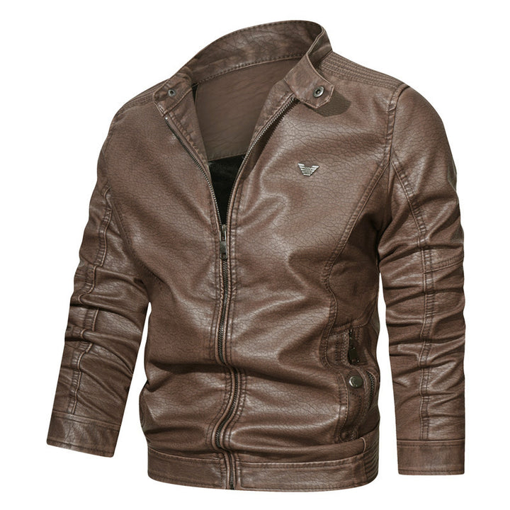 Herren Kunstleder-Bikerblouson mit strukturiertem Finish, gesteppter Ärmelpartie und Stehkragen Drune