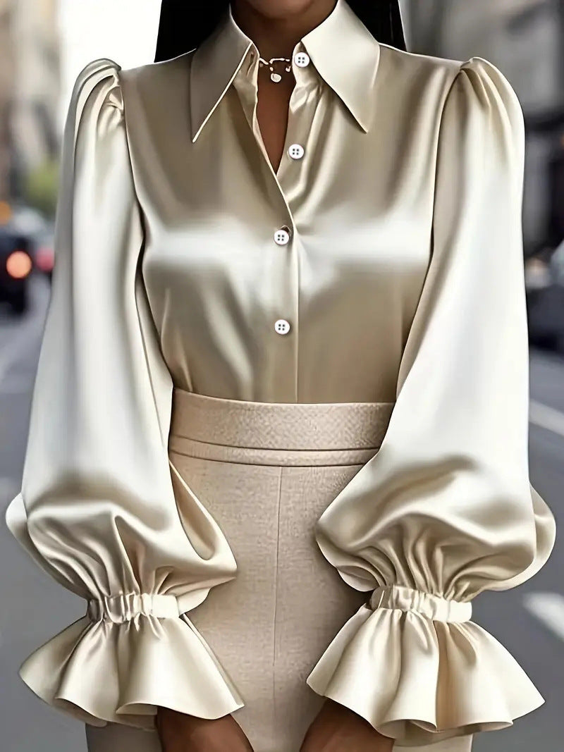 Damen elegante Seidenbluse mit Puffärmeln und schicker Knopfleiste Drune