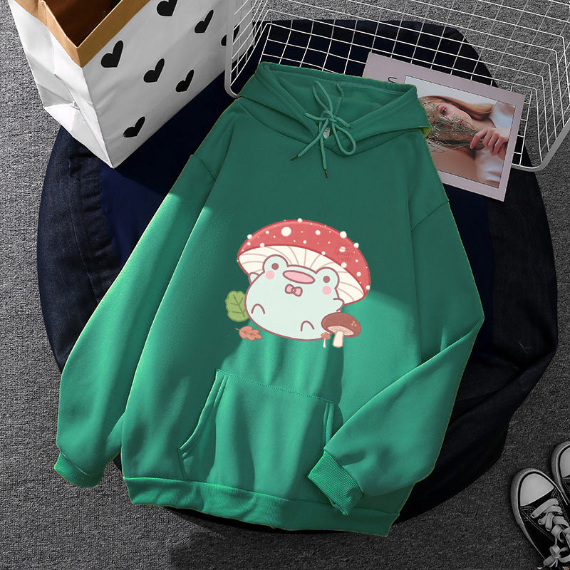 Damen nan weicher Oversize-Kapuzenpullover mit kawaii Pilzfrosch-Print, Kängurutasche und gerippten Bündchen Drune