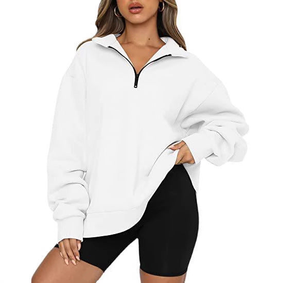 Damen nan oversized Sweatshirt mit halbem Reißverschluss, Stehkragen und überschnittener Schulter Drune
