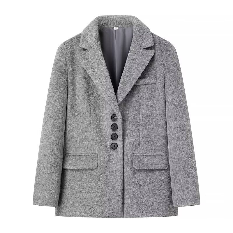 Damen nan taillierter Kurzmantel-Blazer in Teddyoptik mit Reverskragen und Pattentaschen Drune