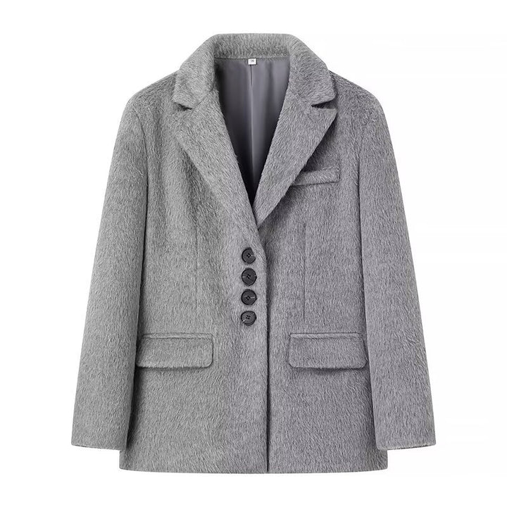 Damen nan taillierter Kurzmantel-Blazer in Teddyoptik mit Reverskragen und Pattentaschen Drune
