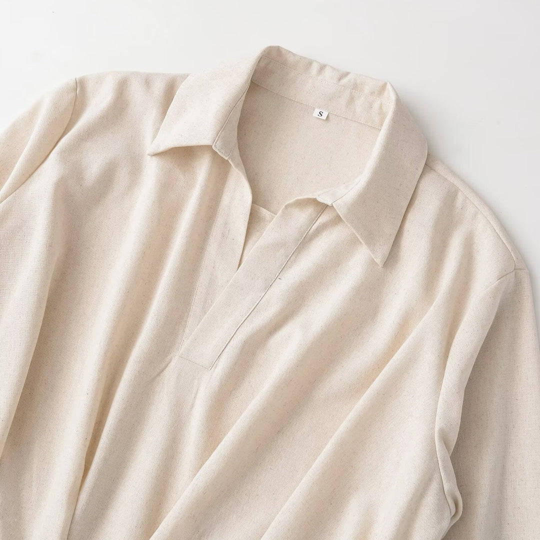 Damen Oversize-Leinenbluse mit offenem V‑Ausschnitt und gerafftem Saum Drune