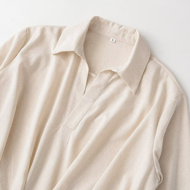 Damen Oversize-Leinenbluse mit offenem V‑Ausschnitt und gerafftem Saum Drune