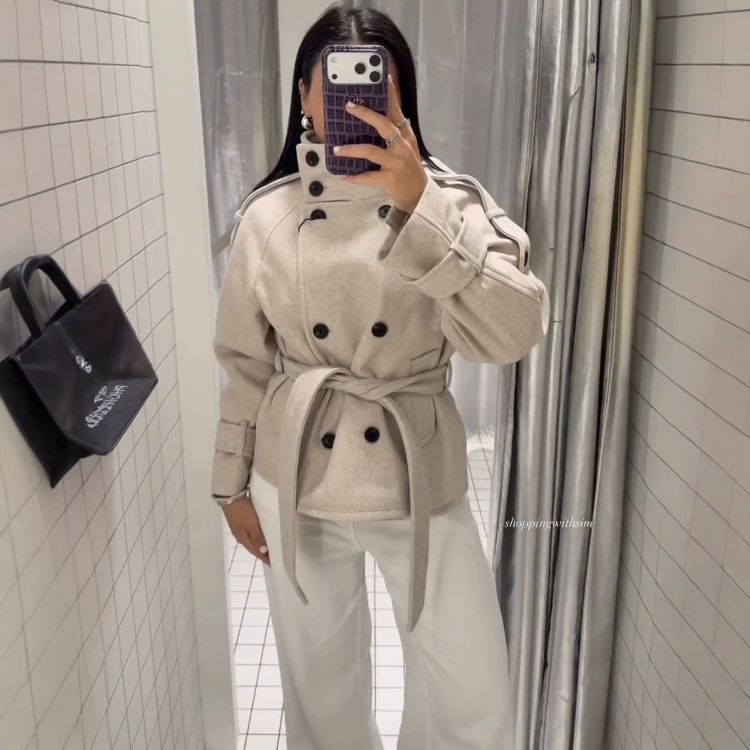 Damen Kurzblouson‑Trenchcoat aus Wollmix mit hohem Stehkragen und Bindegürtel Drune