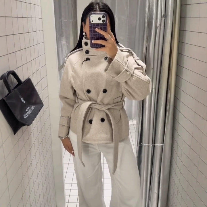 Damen Kurzblouson‑Trenchcoat aus Wollmix mit hohem Stehkragen und Bindegürtel Drune