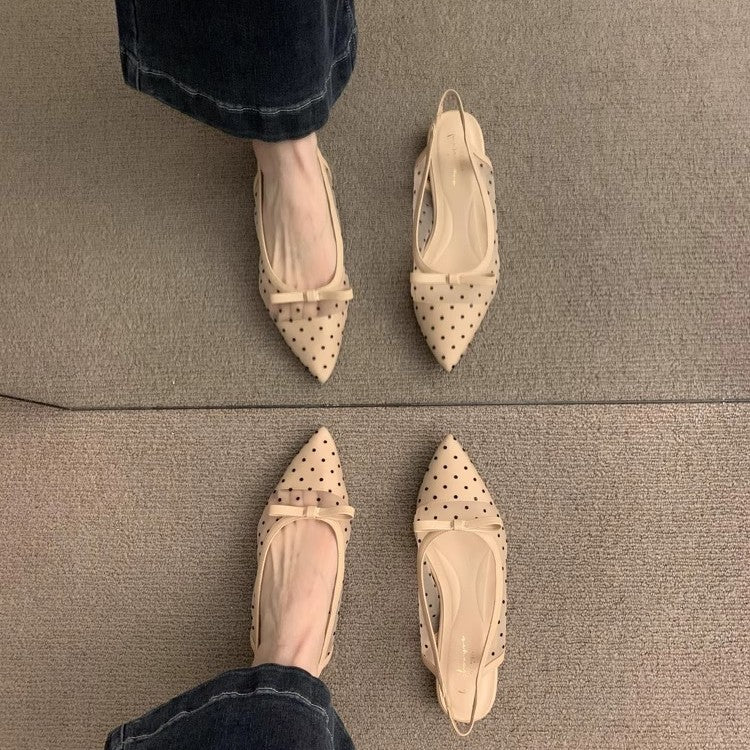Damen Spitz zulaufende Slingback-Ballerinas mit gepunktetem Mesh und Zierschleife Drune