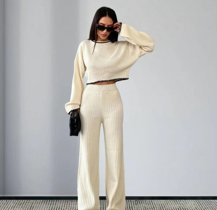 Damen elegantes Strickanzug mit weitem Bein und romantischen Ärmeln Drune