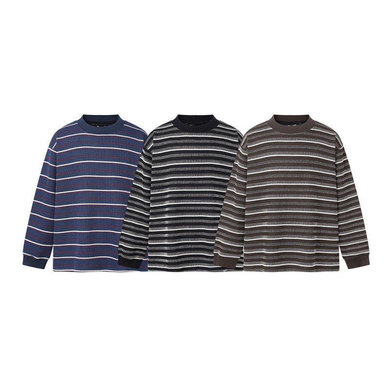 Unisex Locker geschnittener Strukturstrick-Pullover mit Rundhals und maritimen Streifen Drune