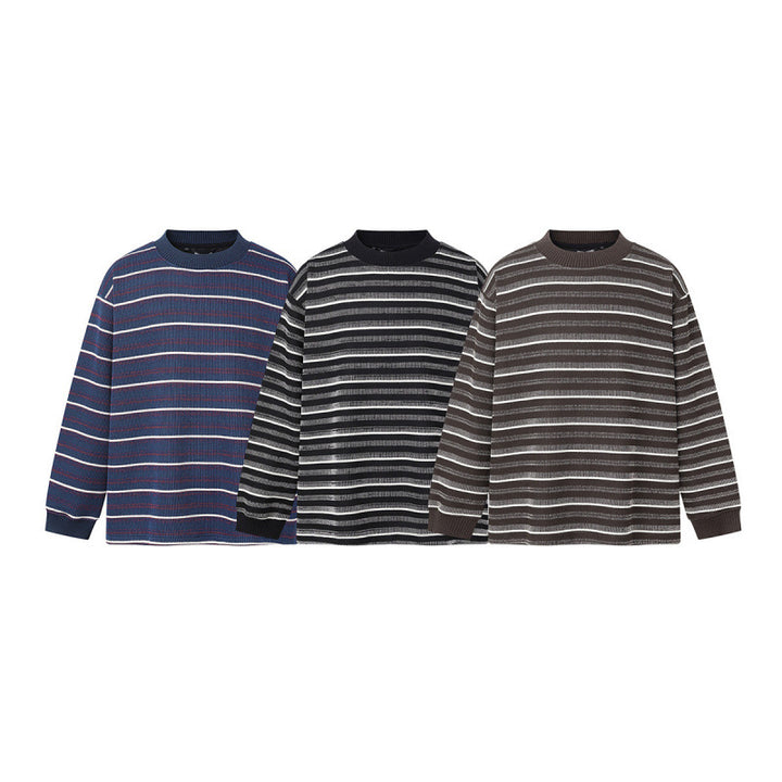 Unisex Locker geschnittener Strukturstrick-Pullover mit Rundhals und maritimen Streifen Drune