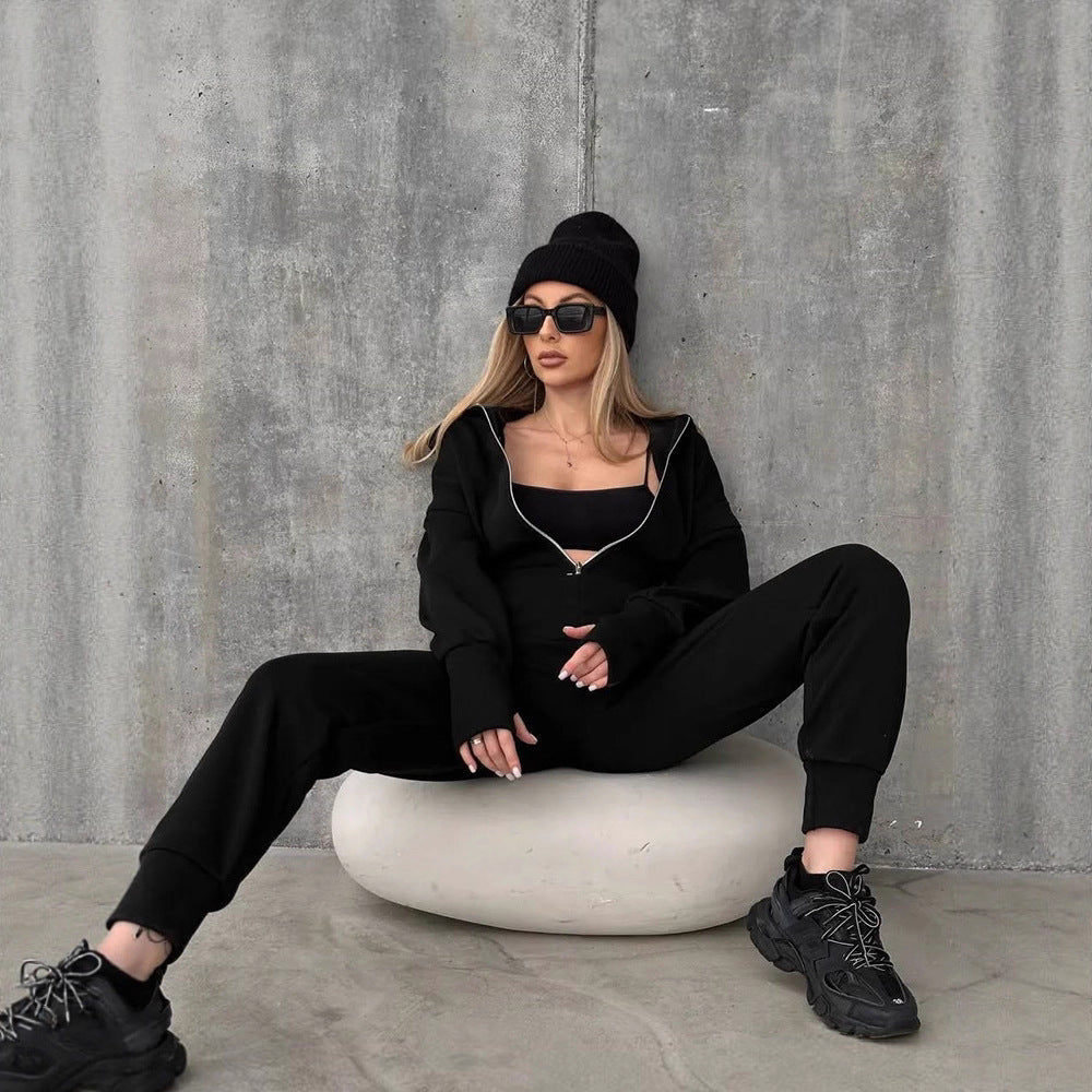 Damen Figurbetontes Kapuzen-Loungewear-Set mit tailliertem Zip-Hoodie und High-Waist Jogginghose Drune