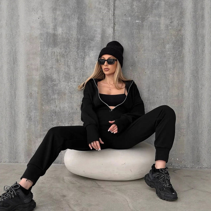 Damen Figurbetontes Kapuzen-Loungewear-Set mit tailliertem Zip-Hoodie und High-Waist Jogginghose Drune