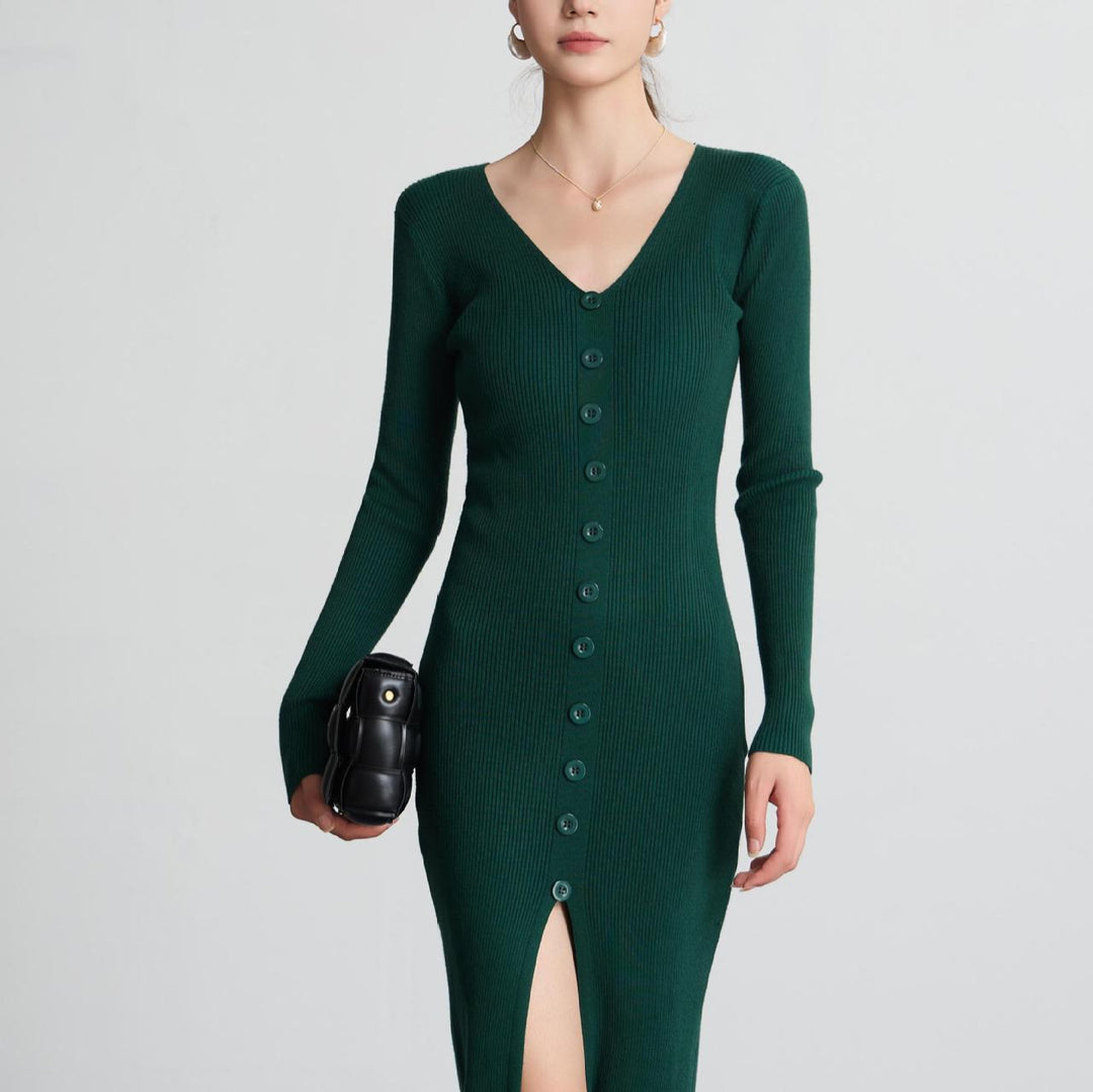 Damen Langärmliges Maxikleid mit Rippstruktur und Knopfdetail Drune