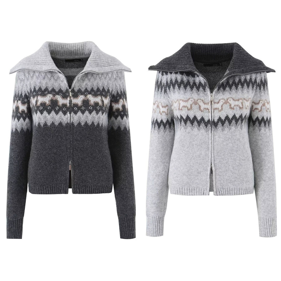 Damen Gestrickte Zip-Cardigan mit Norwegermuster und extra breitem Umlegekragen Drune