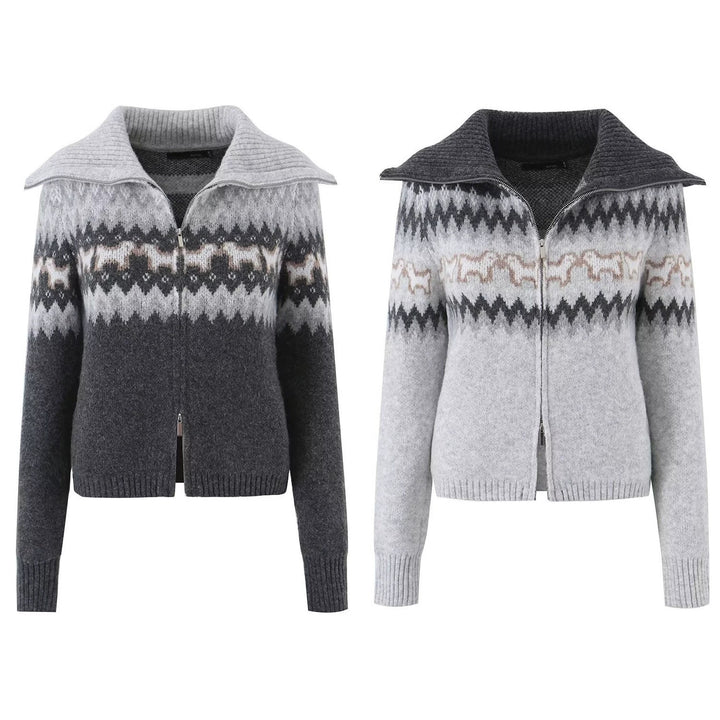Damen Gestrickte Zip-Cardigan mit Norwegermuster und extra breitem Umlegekragen Drune