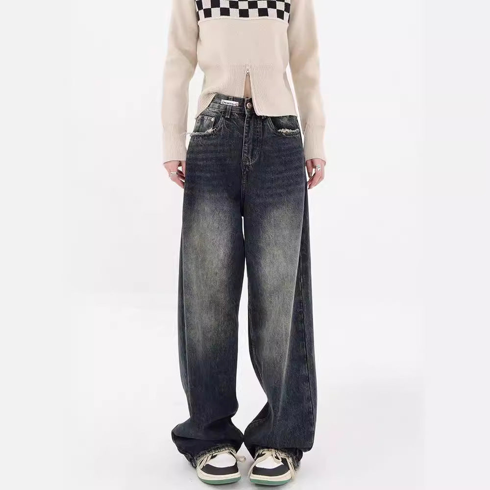 Damen Weite Baggy-Jeans mit authentischem Used-Look Drune