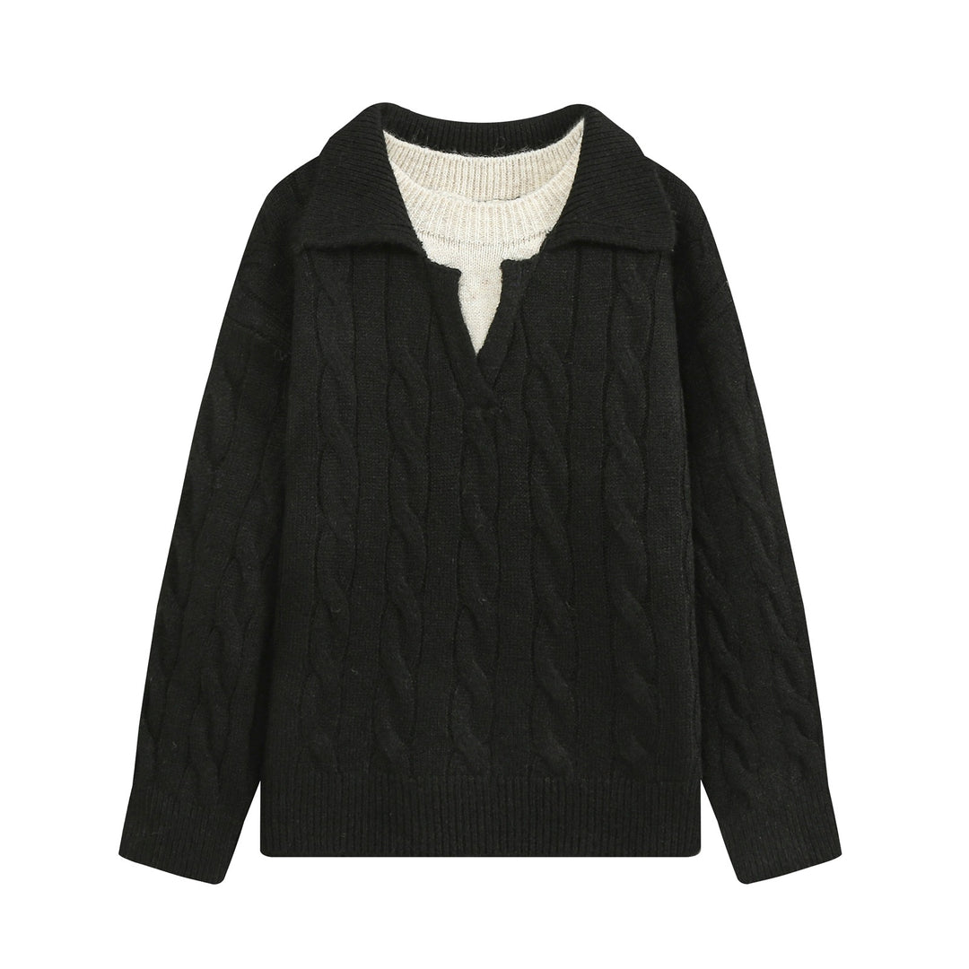 Damen Grobgestrickter Zopfmuster-Pullover mit offenem Polokragen und V‑Ausschnitt Drune
