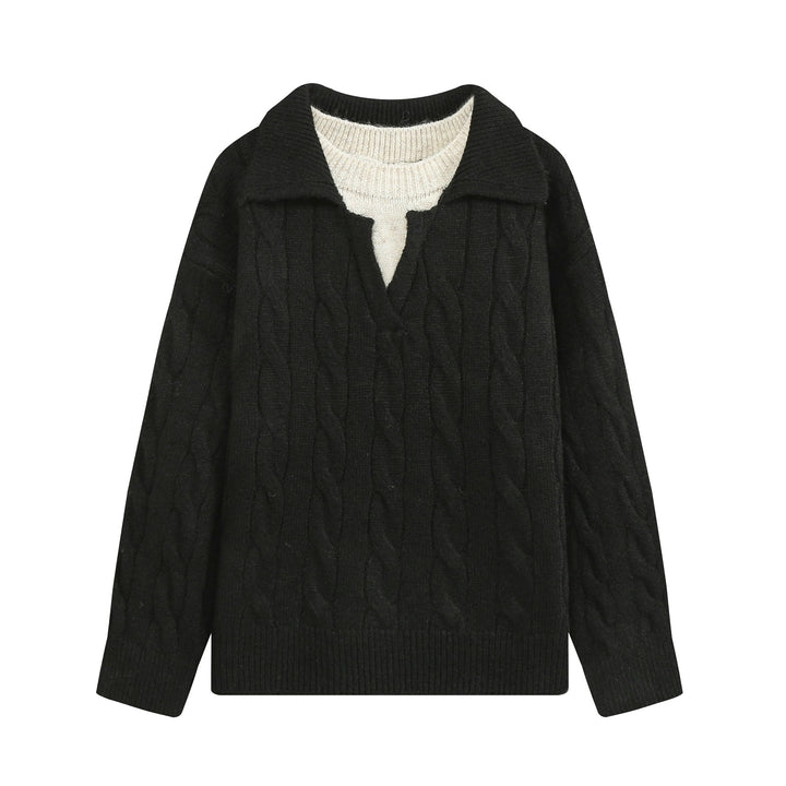 Damen Grobgestrickter Zopfmuster-Pullover mit offenem Polokragen und V‑Ausschnitt Drune