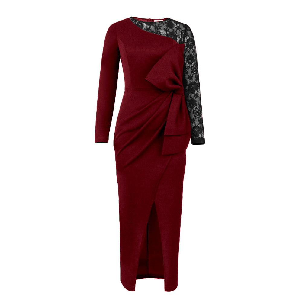 Damen elegantes Etuikleid mit aufwendigem Spitzenärmel und drapiertem Saum Drune