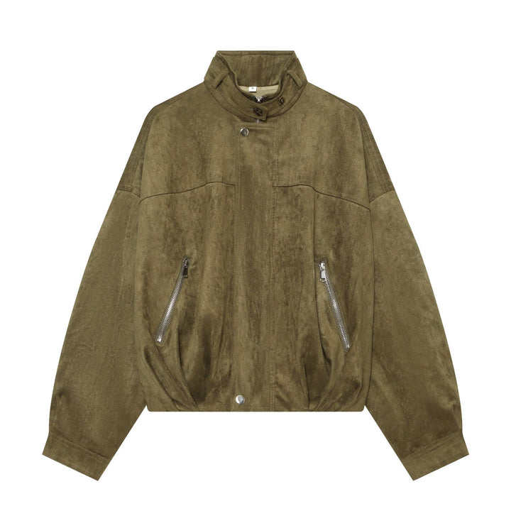 Damen Boxy Veloursleder‑Blousonjacke mit hohem Stehkragen, elastischem Saum und Reißverschlusstaschen Drune