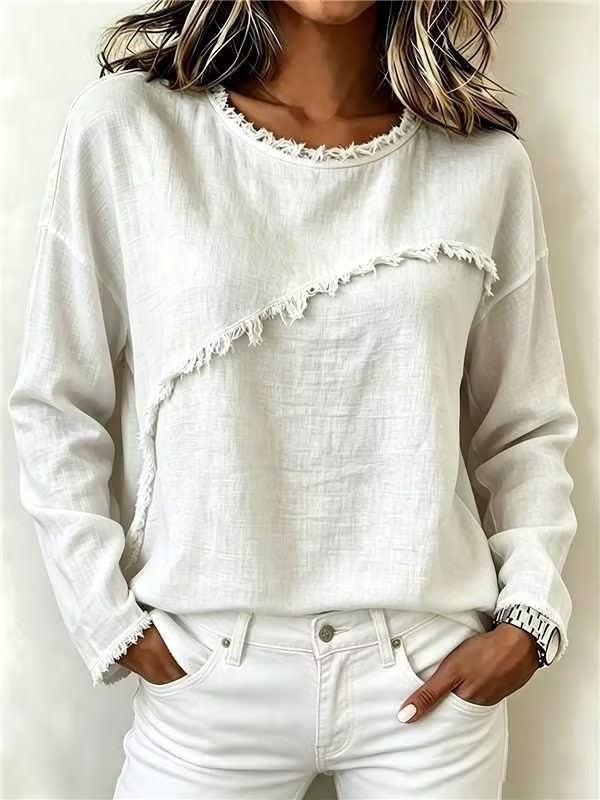 Damen Legeres Longsleeve mit diagonaler Fransenapplikation und ausgefranstem Rundhals Drune