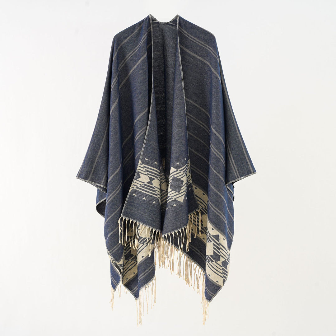 Damen Wollmix-Ruana im grafischen Ethno-Jacquard mit Fransensaum Drune