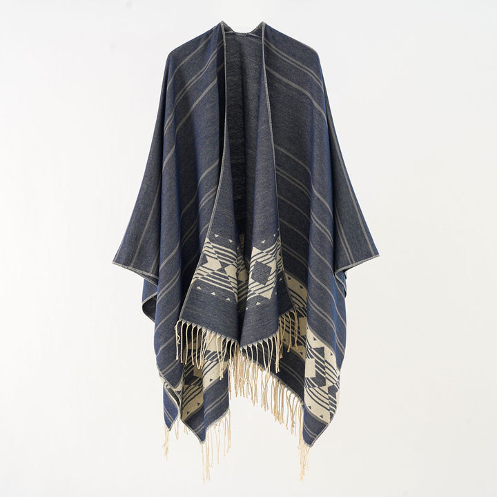 Damen Wollmix-Ruana im grafischen Ethno-Jacquard mit Fransensaum Drune