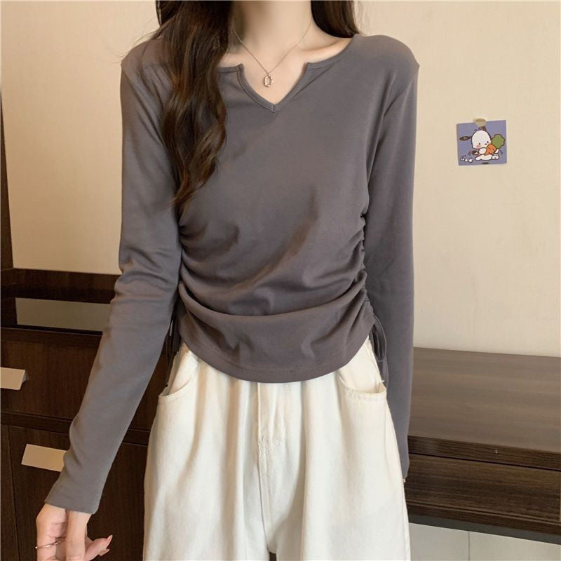 Damen vielseitiges Langarmshirt mit modischem V-Ausschnitt und Raffung Drune