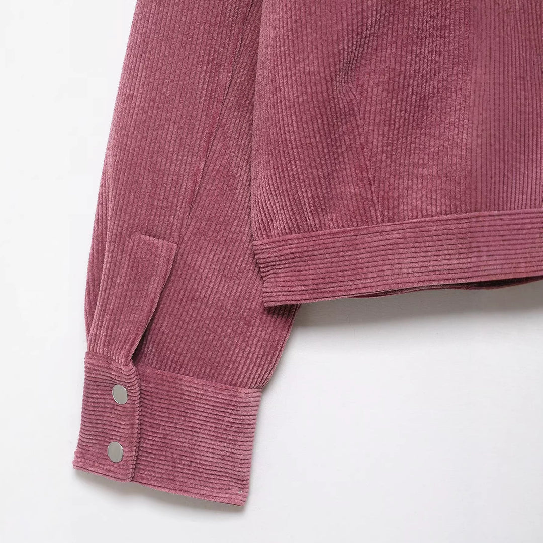 Damen Kurze Cord-Collegejacke mit Kunstlederkragen und aufgesetzten Pattentaschen Drune