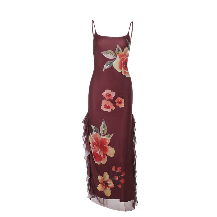 Damen elegantes Maxikleid mit floralem Design und seitlichem Schlitz Drune