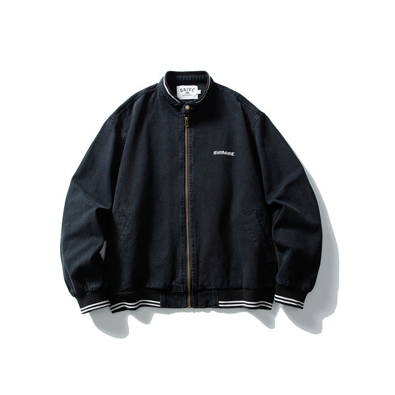 Unisex Kastig geschnittene Baumwoll-Canvas Bomberjacke mit Stehkragen und geripptem Saum Drune