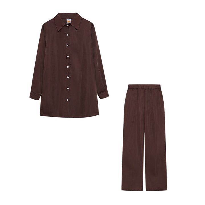 Damen Satin Pyjama Set mit langärmliger Bluse und weiten Hosen Drune
