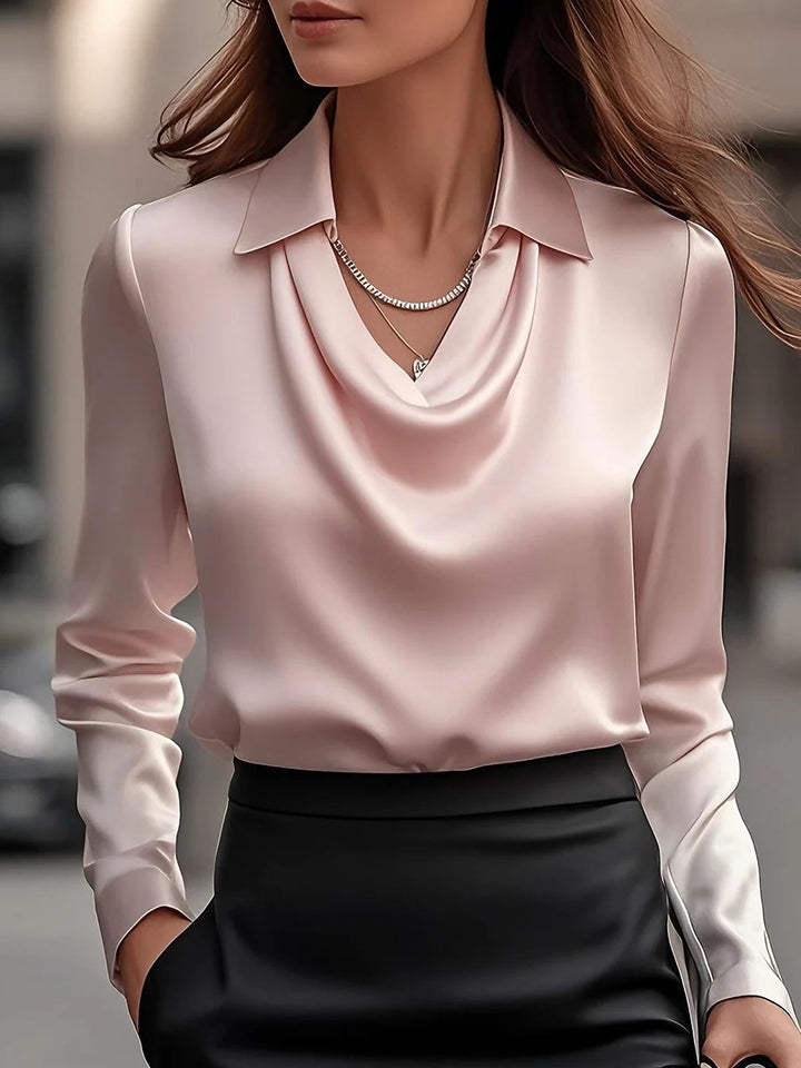 Damen Satinbluse mit Wasserfallkragen und Hemdkragen Drune
