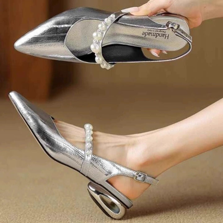 Damen spitze Slingback‑Mules mit Perlenriemen und skulpturalem Absatz Drune