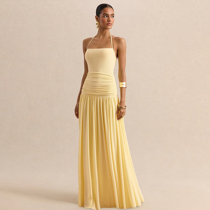 Damen Maxikleid mit Raffungen und schulterfreiem Design Drune