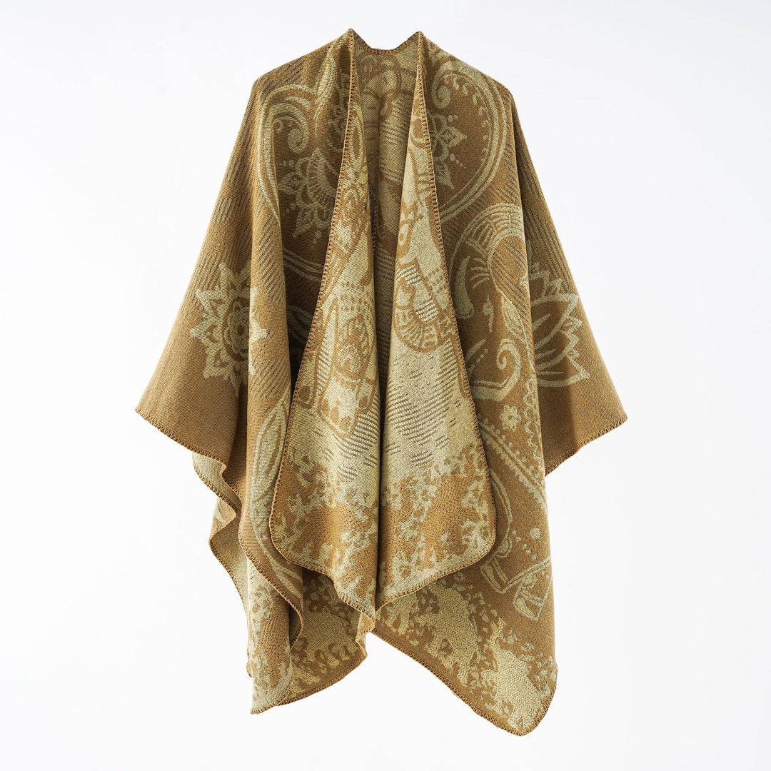 Damen Jacquard-Überwurfponcho mit doppelseitiger Webstruktur und Zierstichkante Drune