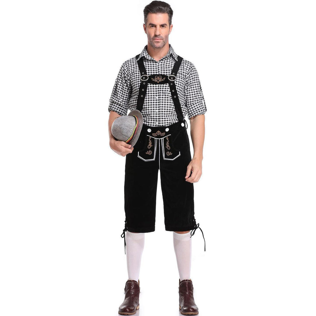 Damen nan kurze Trachten-Latzhose mit gesticktem Hirschmotiv, verstellbaren Trägern und Spitzenbordüre Drune