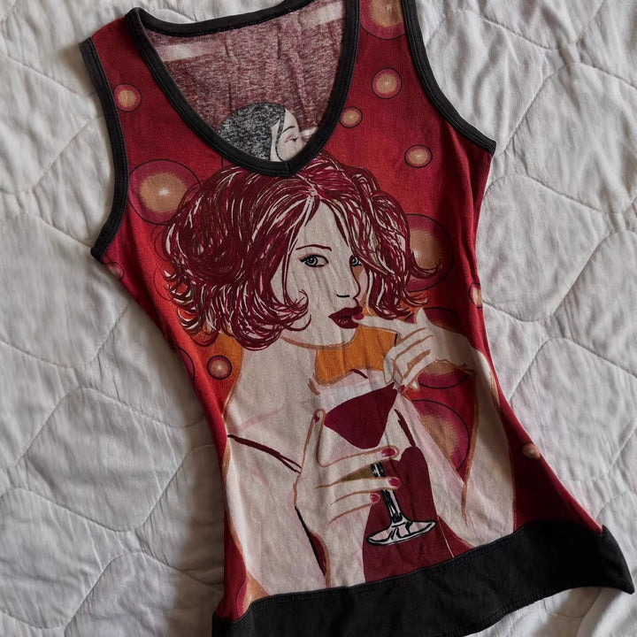 Damen Ärmelloses Artwork-Top mit kreativem Druck Drune