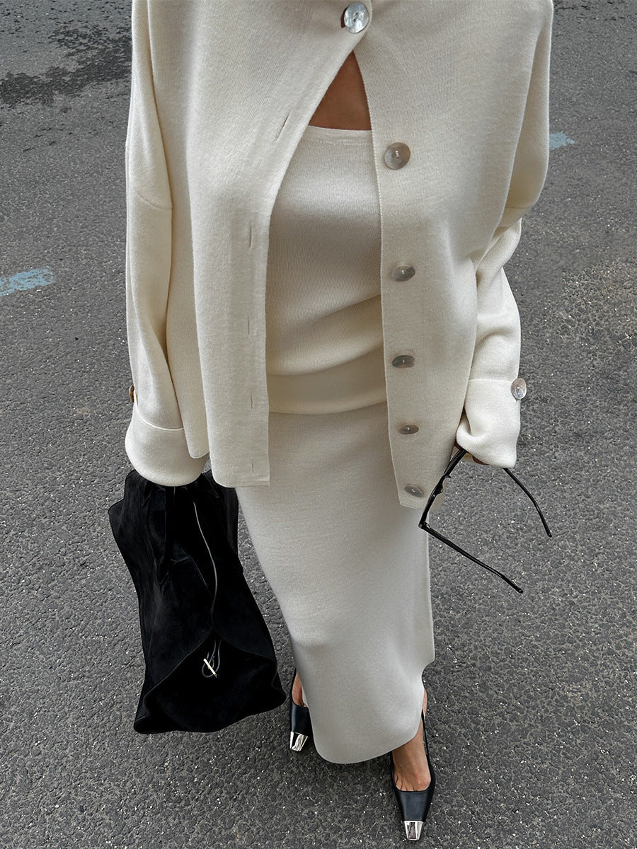 Drune | Gestricktes Langarm Strickjacke, Top und Rock Drei Teile Satz
